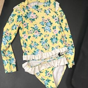 Nicole Miller Yellow Floral Ruffle Rash Guard Set